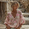 Women's Vintage Resort Embroidered Floral V-neck Long Sleeve T-shirt elevenforest