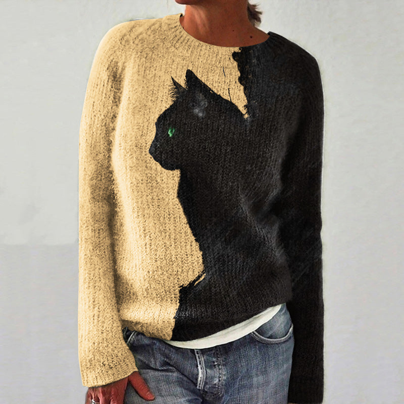 Abstract Creative Black And White Contrast Cat Painting Art Print Knitted Pullover Sweater elevenforest