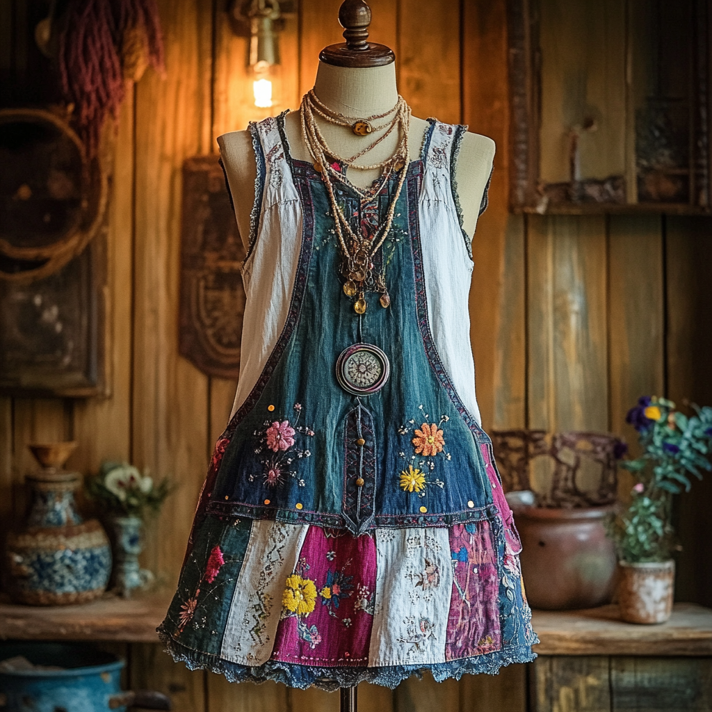 Vintage Denim Floral Patch Sleeveless Dress elevenforest