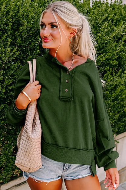 Green Drop Shoulder Henley Sweatshirt