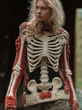 Comstylish Halloween Human Skeleton Rose Round Neck Sweater