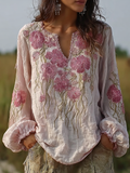 Bohemian Retro Countryside Style Plant Flower Design Cotton And Linen Women's Long-sleeve Shirt elevenforest