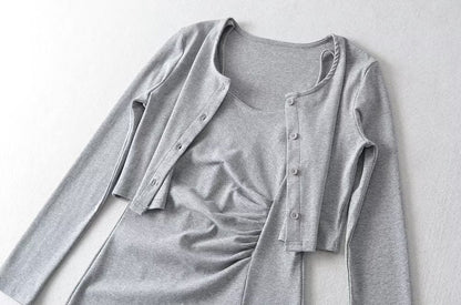 Pure Suit Autumn Winter Short Slim Long Sleeve Cardigan Inner Wear Pleated Cami Dress