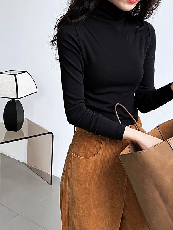 Long Sleeves Skinny Color Split-joint High Neck T-shirts