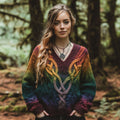 Vintage Rainbow Gradient Celtic Knot Chunky V-neck Aran Sweater elevenforest
