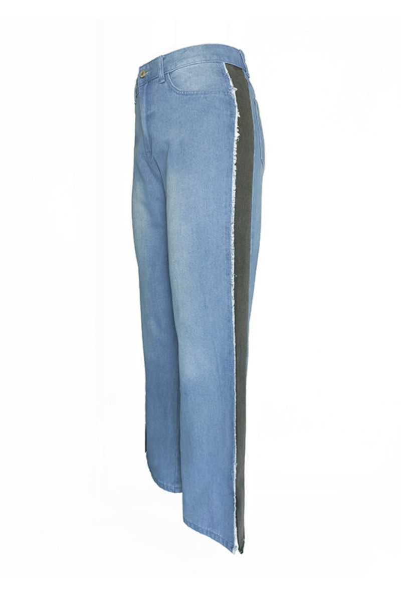 Patchwork Contrast Mid Waist Regular Denim Jeans