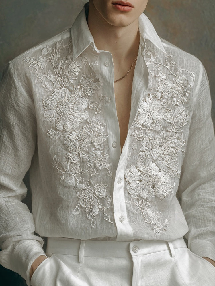 Men's Lace Flowers Embroidered Comfy Linen Blouse elevenforest