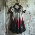Bohemian Viking Tribal Celtic Knot Gradient Embroidery Art Linen Round Neck Midi Dress elevenforest