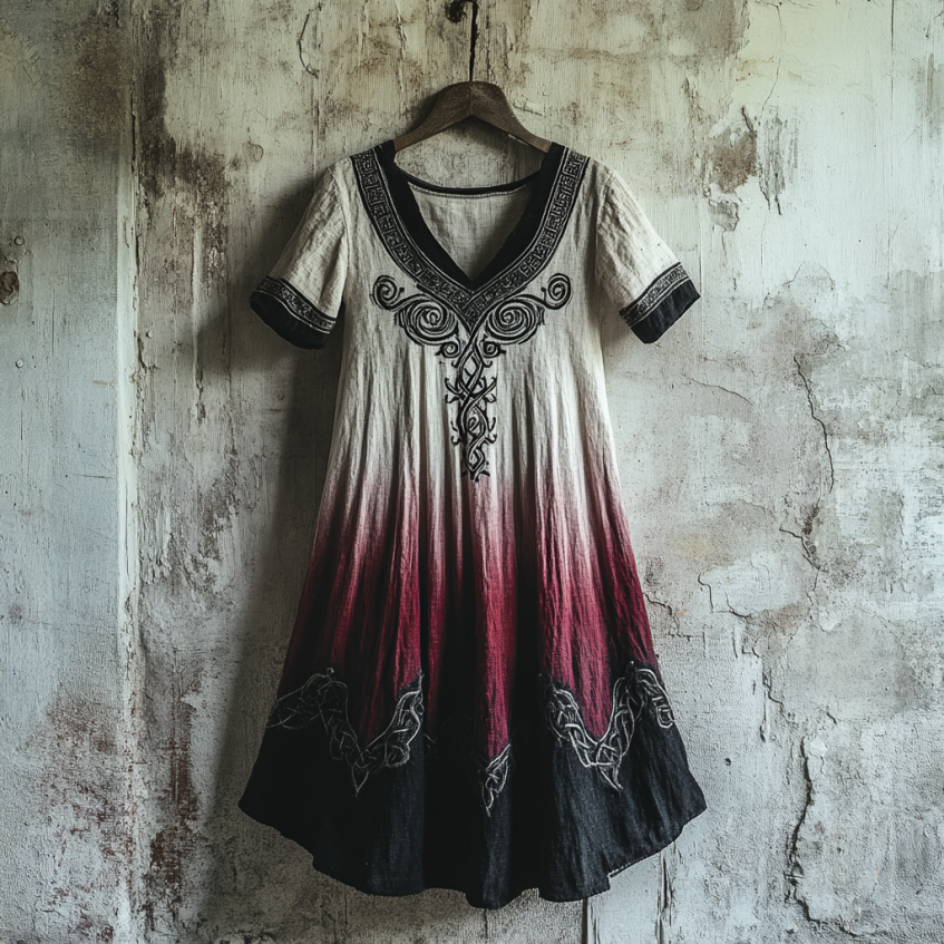 Bohemian Viking Tribal Celtic Knot Gradient Embroidery Art Linen Round Neck Midi Dress elevenforest