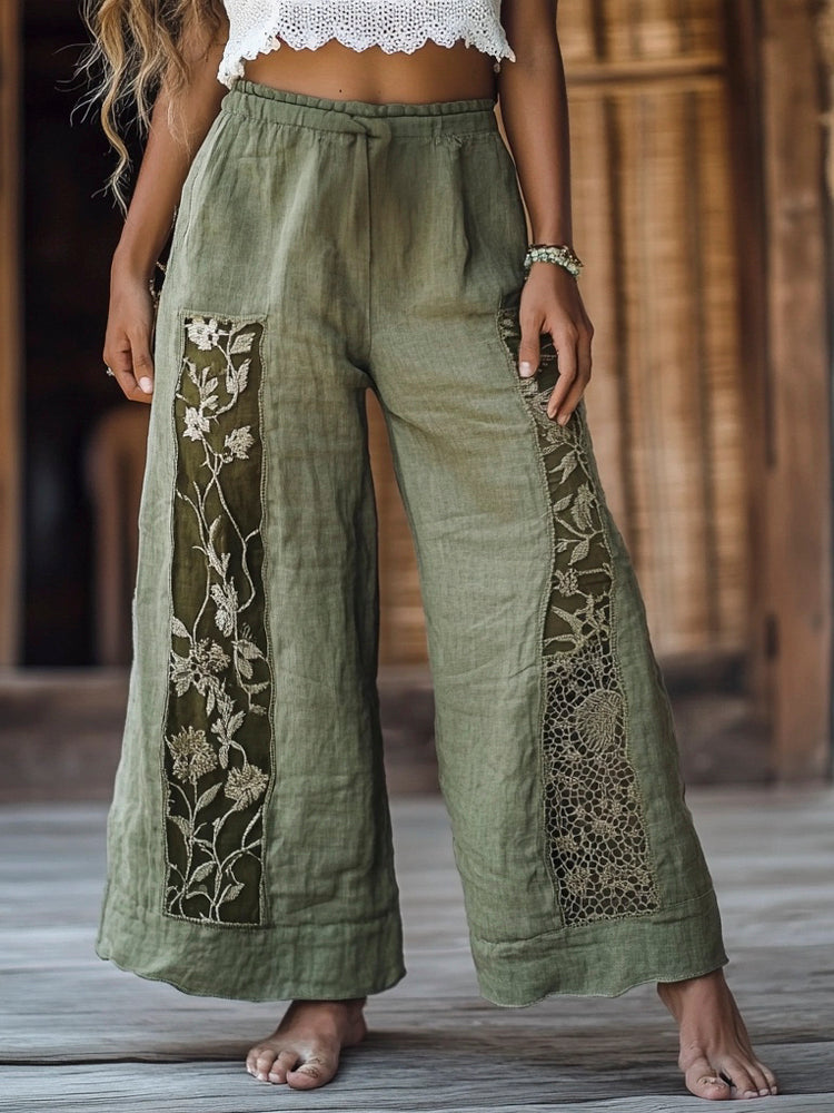 Vintage Floral Boho Women's Linen Straight Leg Pant elevenforest