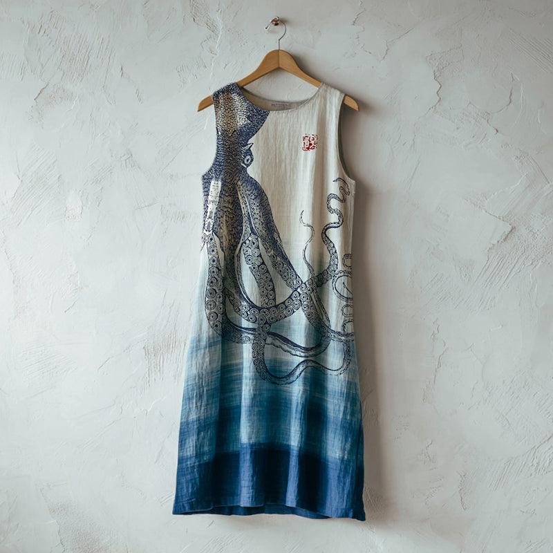Japanese Octopus With Gradient Art Linen Tank Dress elevenforest