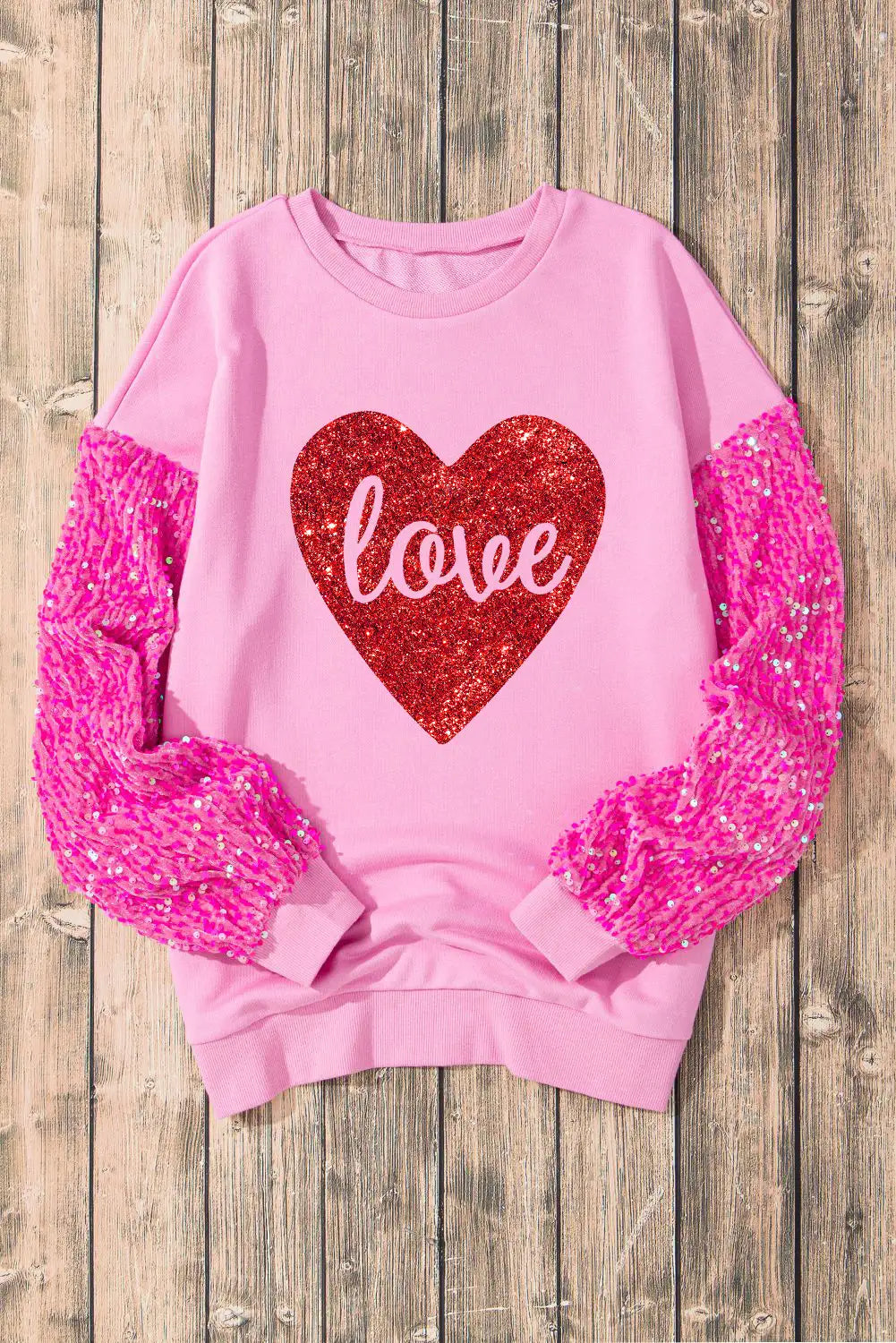 Pink Shiny Heart Sequined Sleeve Sweatshirt