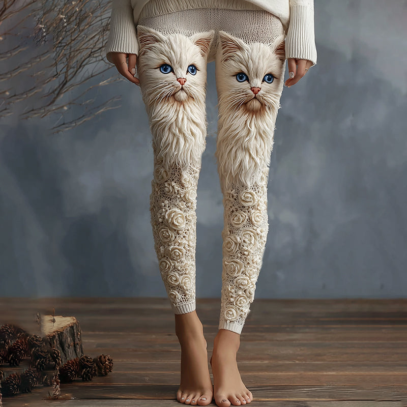 Cute Cat Face With Roses Art Embroidered Cozy Knit Leggings