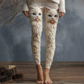 Cute Cat Face With Roses Art Embroidered Cozy Knit Leggings