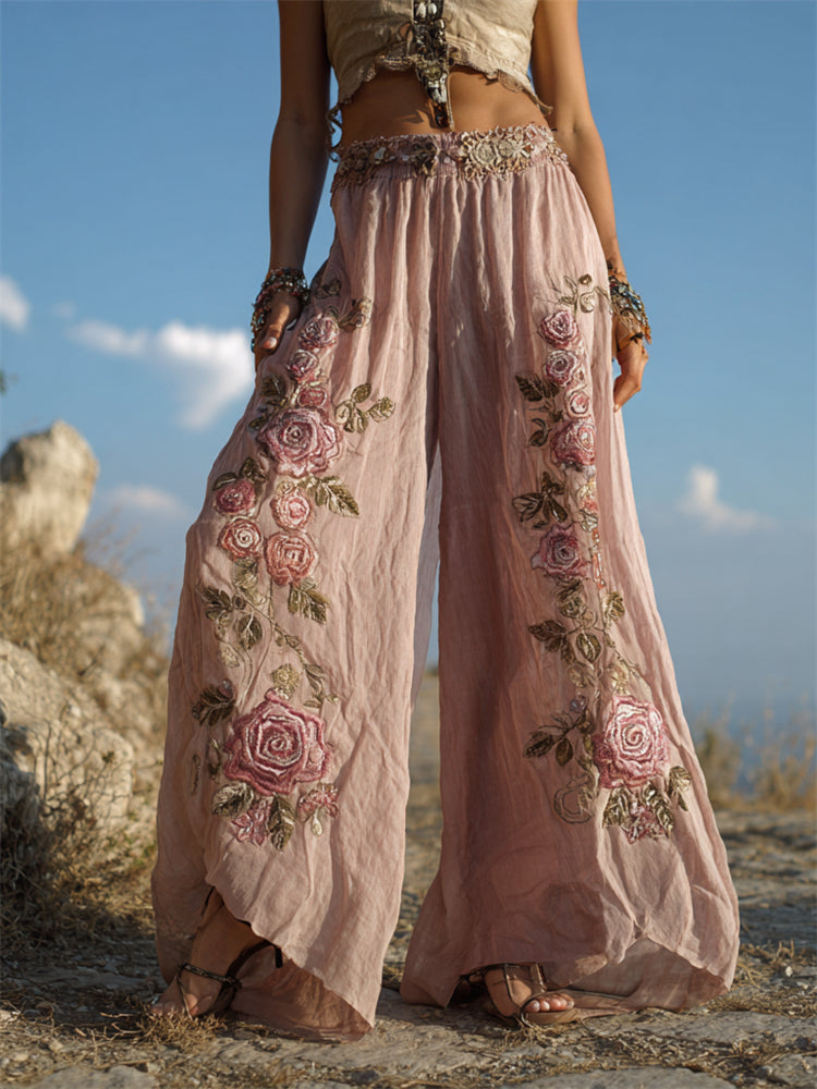 Vintage Pink Roses Embroidered Flowy Wide Leg Linen Pants elevenforest