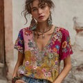 Women's Vintage Bohemian Floral Embroidery Art V-neck Short Sleeve Linen Blend T-shirt elevenforest