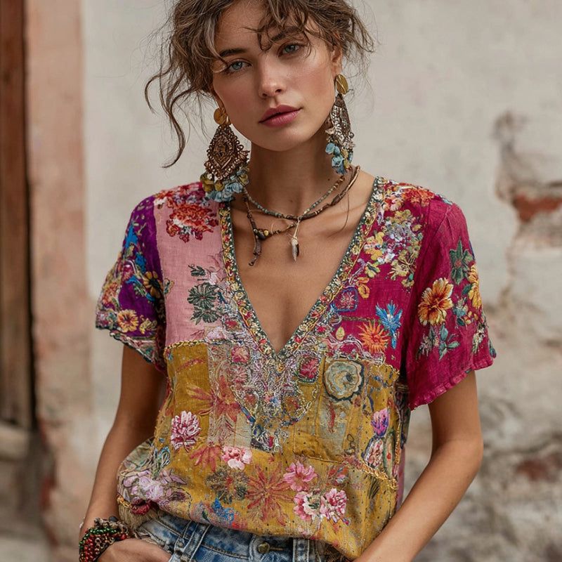 Women's Vintage Bohemian Floral Embroidery Art V-neck Short Sleeve Linen Blend T-shirt elevenforest