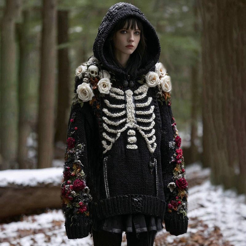 Comstylish Women's Vintage Rose And Skull Pattern Knit Hooded Sweater