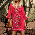 Women's Vintage Ethnic Floral Embroidery Linen Midi Dress elevenforest