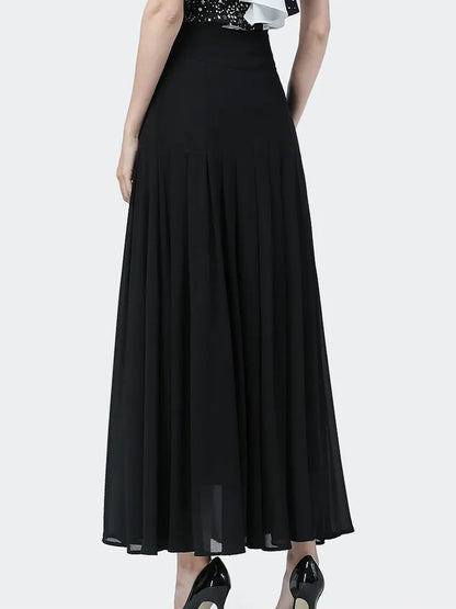 Mid-length Skirt All-match High-waist Button Slit Mesh Long Gauze Skirts for Summer Pleated Skirts Black