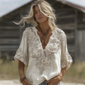 Vintage Boho Roses Embroidered Art V Neck Linen Tunic elevenforest
