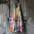 Women's Vintage Floral Patchwork Art Linen Midi Dress elevenforest