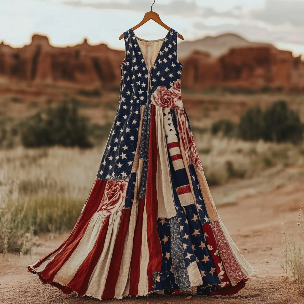 Women's Independence Day Rose Patchwork Art Vintage Linen Tank Dress elevenforest