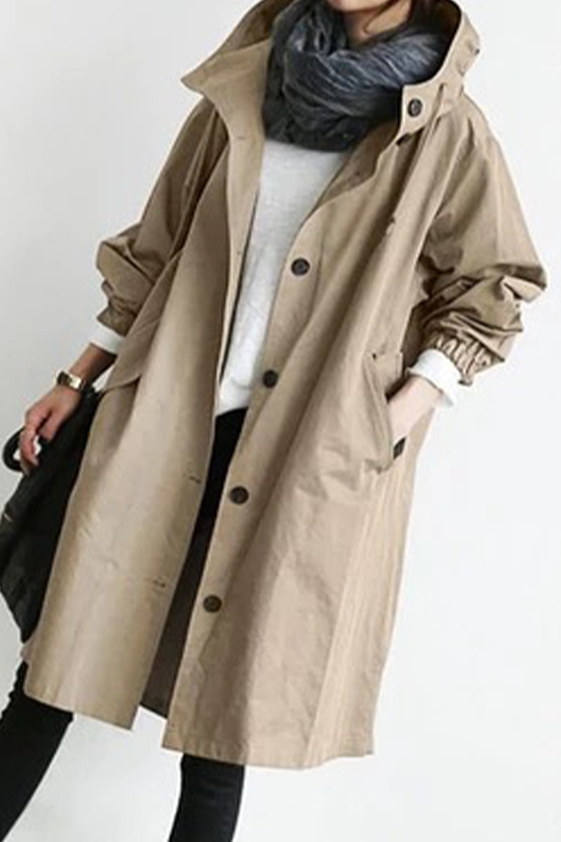 British Style Pocket Buttons Hooded Collar Outerwear