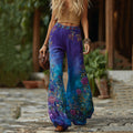 Classy Vintage Purple And Blue Lavender Patchwork And Floral Embroidered Art Gradient Linen Pants elevenforest