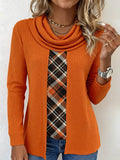 Women's Contrast Knitted Plaid Contrast Color Panel Top 