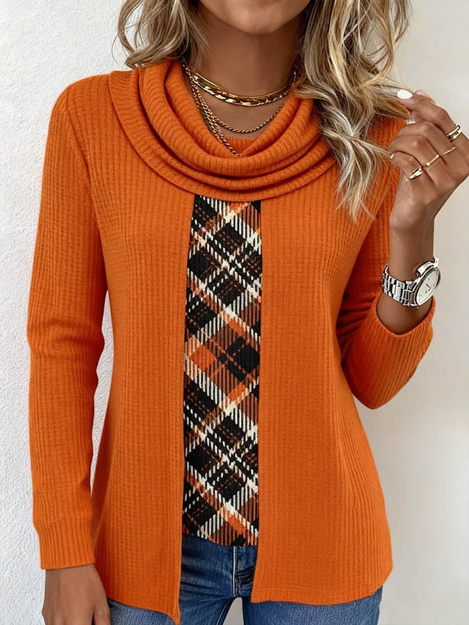 Women's Contrast Knitted Plaid Contrast Color Panel Top 