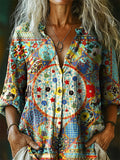 Women's Vintage Ethnic Floral Art Print Casual Cotton Linen Shirt