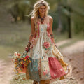 Women's Vintage Boho Floral Art Patchwork Comfy Midi Dress elevenforest