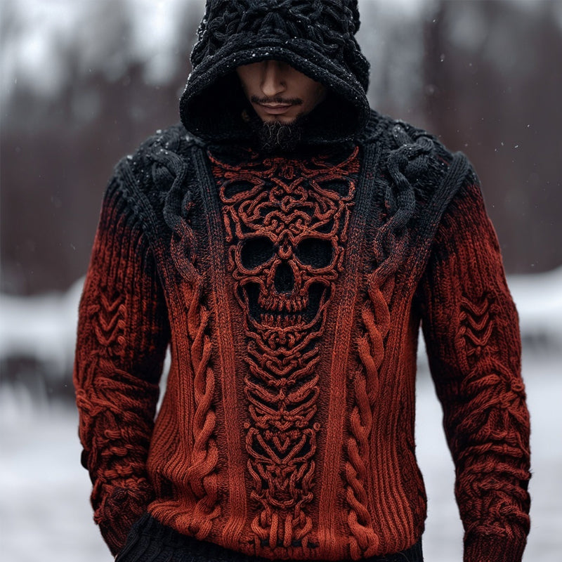 Men's Celtic Skull Cable Jacquard Chunky Hooded Sweater elevenforest
