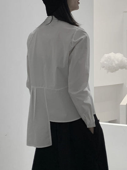 Long Sleeves Asymmetric Buttoned Pleated Color Round-neck Blouses&shirts Tops