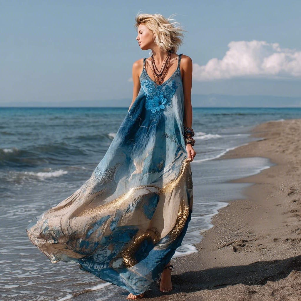 Vintage Marble Texture Collection Retro Bohemia Women Style Gradient Gilded Pattern Linen Maxi Dress elevenforest