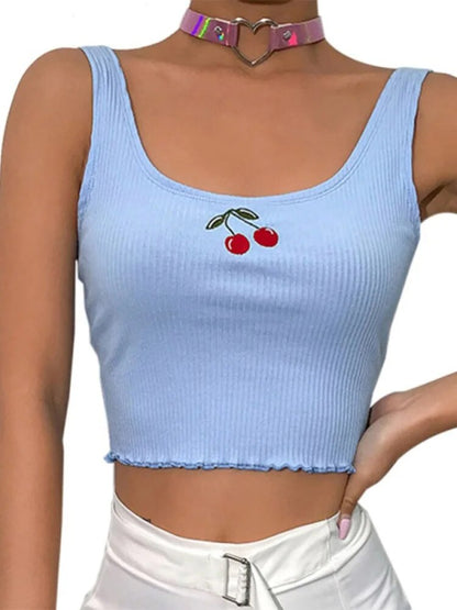Cotton Ribbed Cherry Embroidery Tank Top Sweet Cropped Sleeveless Summer Top Vest New Crop Tops Clothing