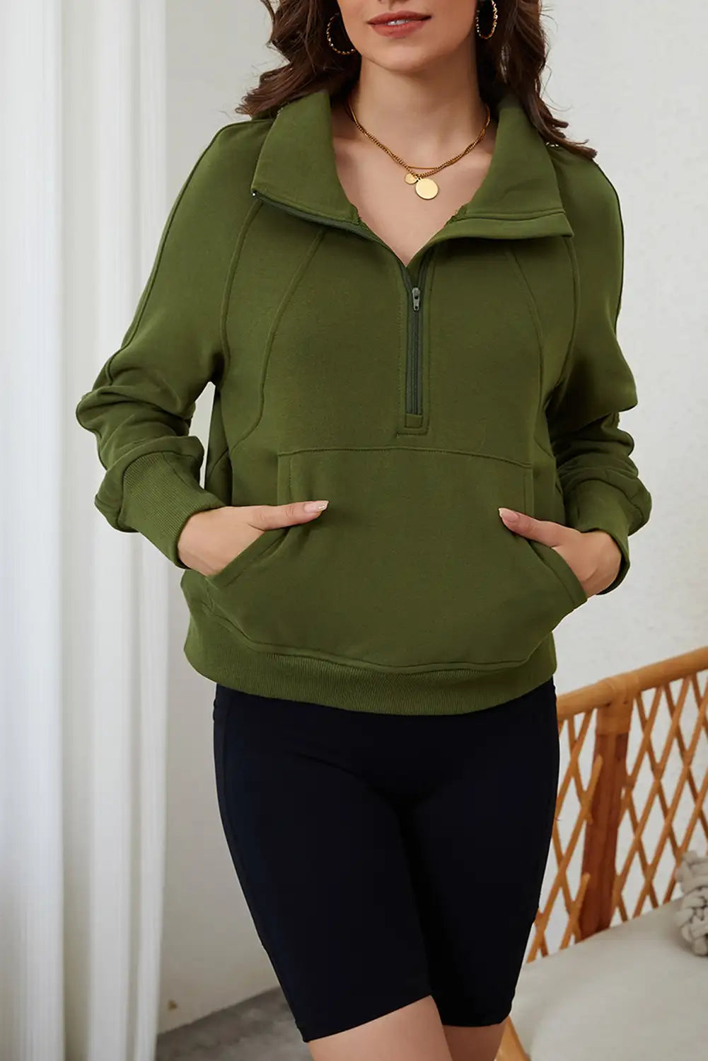 Moss Green Quarter Zip Kangaroo Pocket Sweatshirt