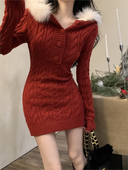 Y2k Knitted Dress Faux Fur Hooded Sweater Christmas Party Mini Dresses Autumn Winter Kawaii Vestidos Mujers New