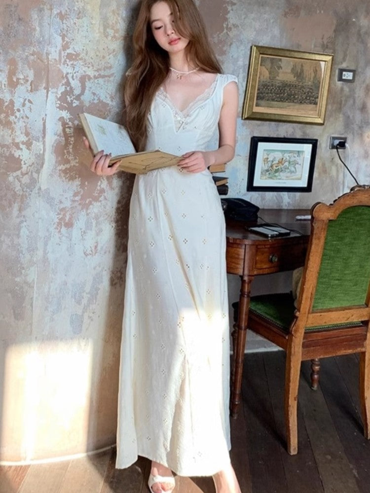 New Summer Hollow Out Midi Dress V-neck Vocation French Style White Dress Korean Slim Vestidos