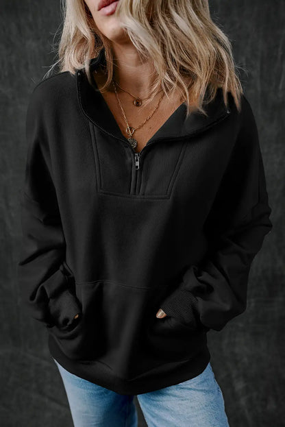 Black Zip Up Stand Neck Sweatshirt