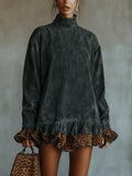 Gray Mock Neck Dress With Leopard Ruffle Hem