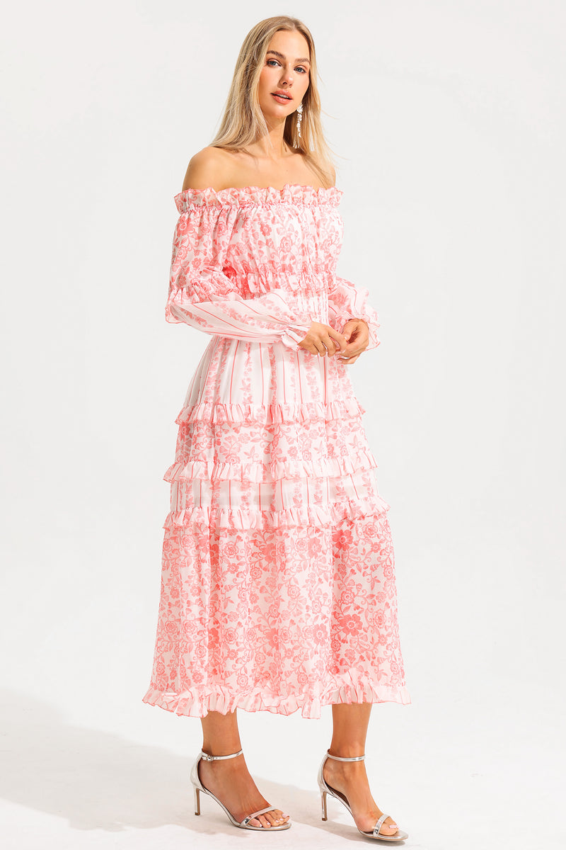 Print Frill Off-shoulder Midi Dress
