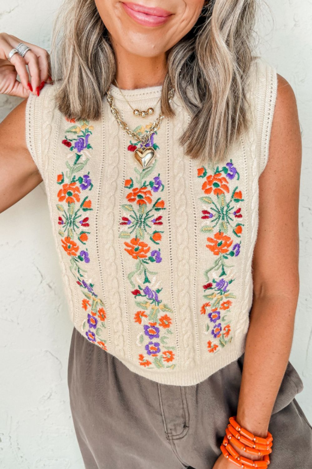 Lorena® | Embroidered cable knit crew neck sweater vest