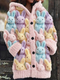 Cute Pastel Fluffy Rabbits Art Cozy Knit Hooded Cardigan