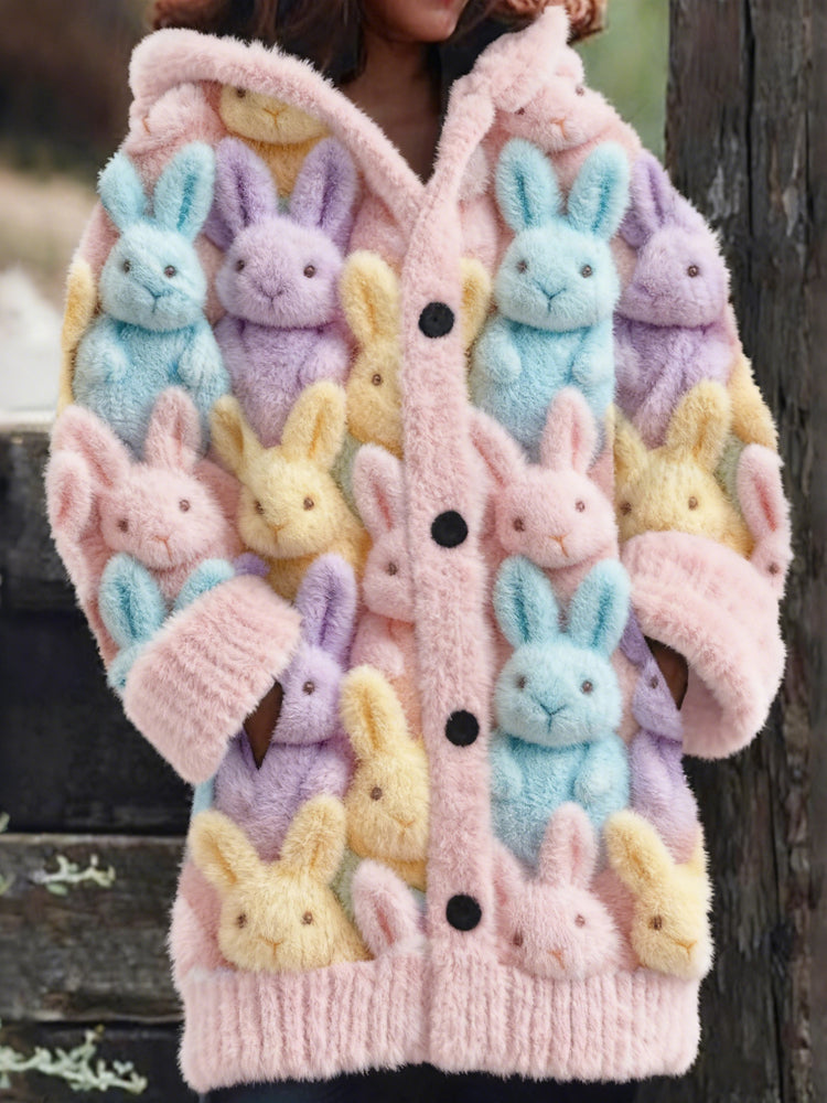 Cute Pastel Fluffy Rabbits Art Cozy Knit Hooded Cardigan