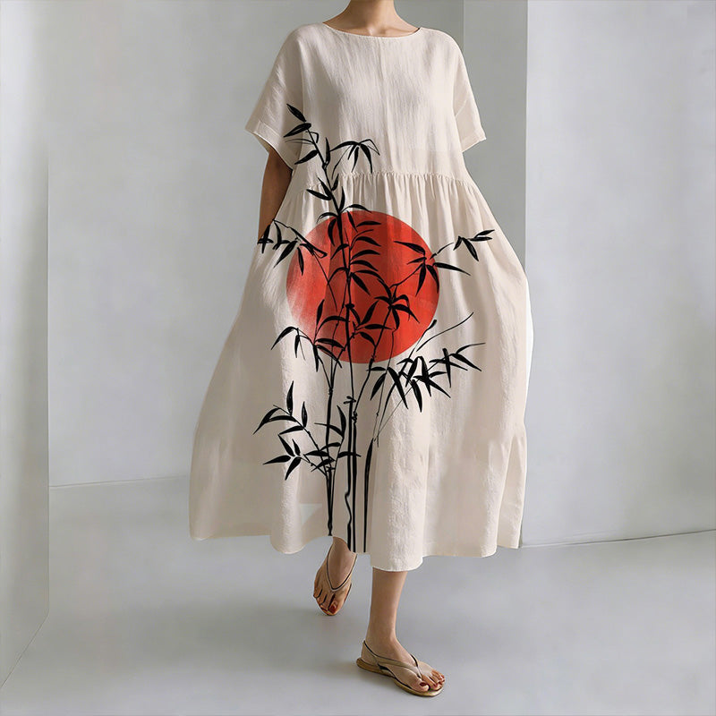 Japanese Style Bamboo Forest And Sunset Linen And Cotton Round Neck Dress elevenforest