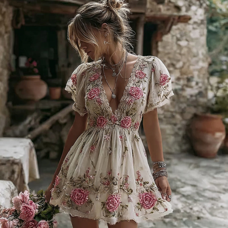Women's Vintage Rose Embroidery Art Linen Short Sleeve Mini Dress elevenforest