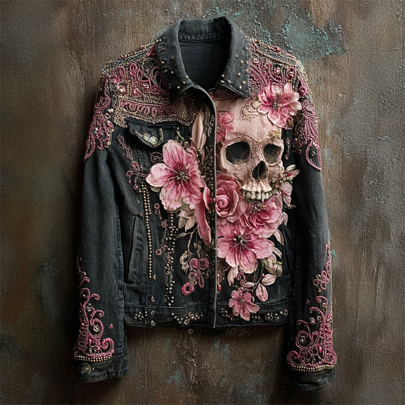 Skull Pink Flowers Beaded Washed Denim Jacket elevenforest
