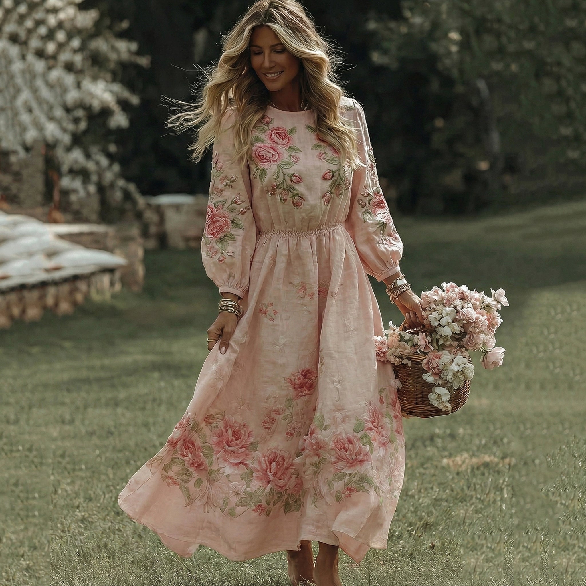 Women's Vintage Rose Art Flowy Maxi Dress elevenforest
